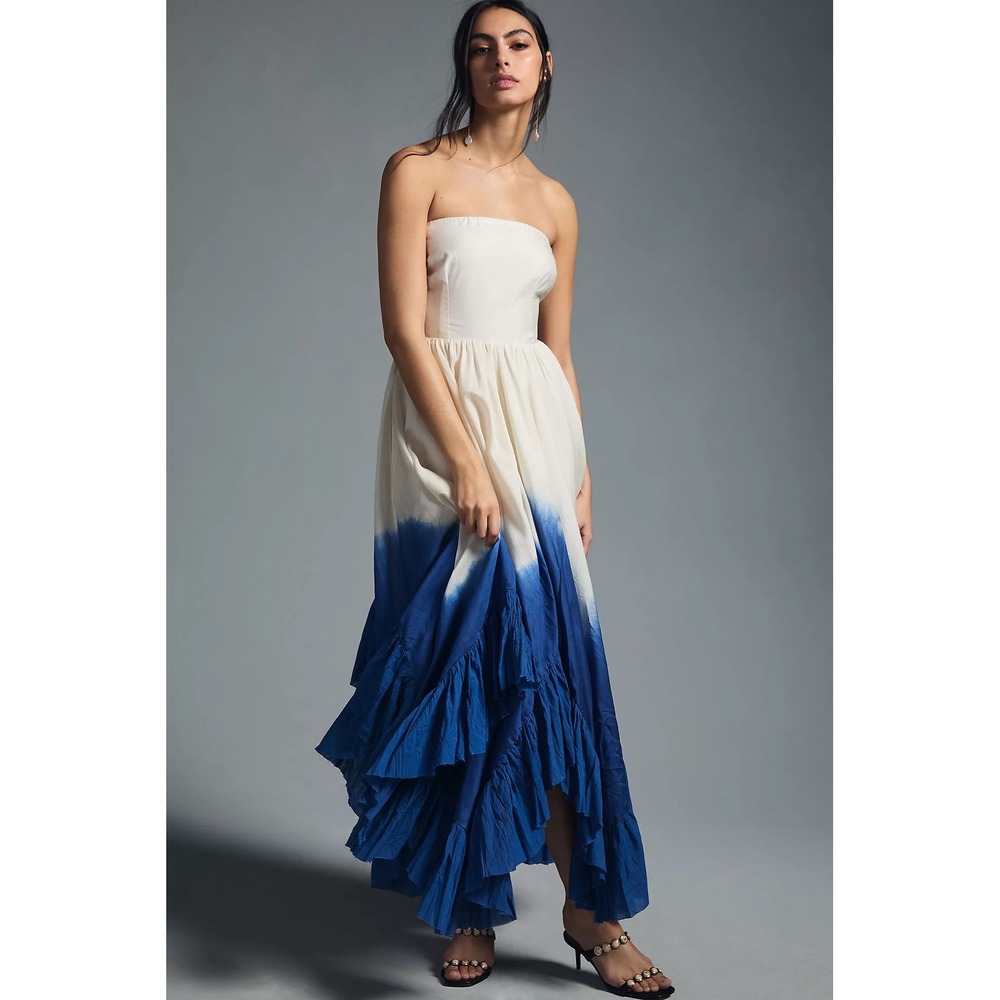 NWT Samant Chauhan Ombre Blue and Ivory Dipe Dye Strapless‎ | Size Small